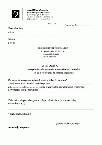 WoWZZ-Sz Wniosek o wydanie zaświadczenia o zameldowaniu Szczecin