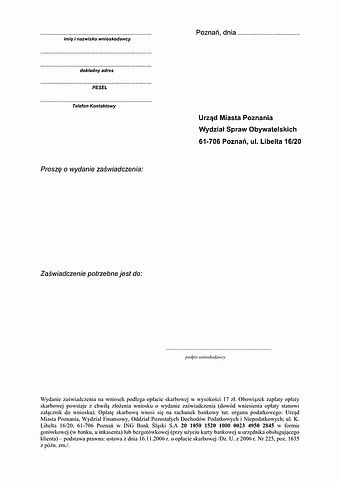 WoZWSO-Po Wniosek o wydanie zaświadczenia skierowane do Wydziału Spraw Obywatelskich miasta Poznań