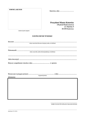 WoZDPU-Kat  Wniosek o zmianę decyzji o pozwolenie  na budowę - uzupełnienie Katowice