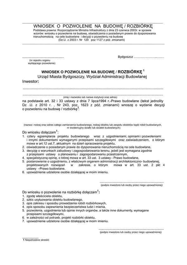 WoWPBR-B (archiwalny) Wniosek o pozwolenie na budowę/rozbiórkę Bydgoszcz 