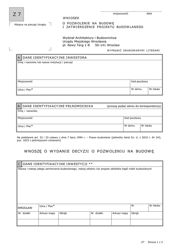 WoWPBiZPB-Wr (archiwalny) Wniosek o pozwolenie na budowę i zatwierdzenie projektu budowlanego Wrocław