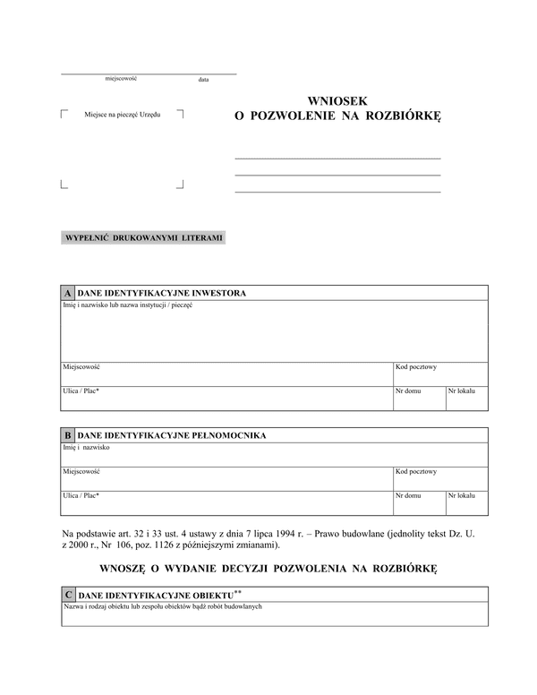 WoWPR-ZG(m) (archiwalny) Wniosek o pozwolenie na rozbiórkę Miasto Zielona Góra