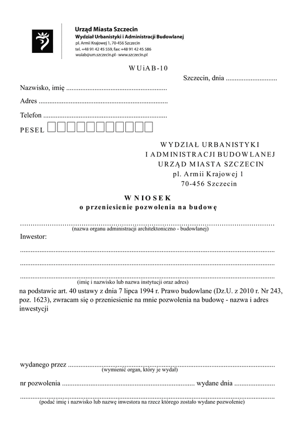 WoPDB-Sz (archiwalny) Wniosek o przeniesienie pozwolenia na budowę Szczecin