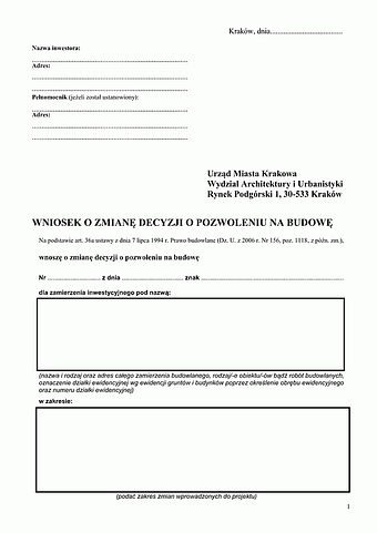 WoZDPB-Kra Wniosek o zmianę decyzji o pozwoleniu na budowę Kraków
