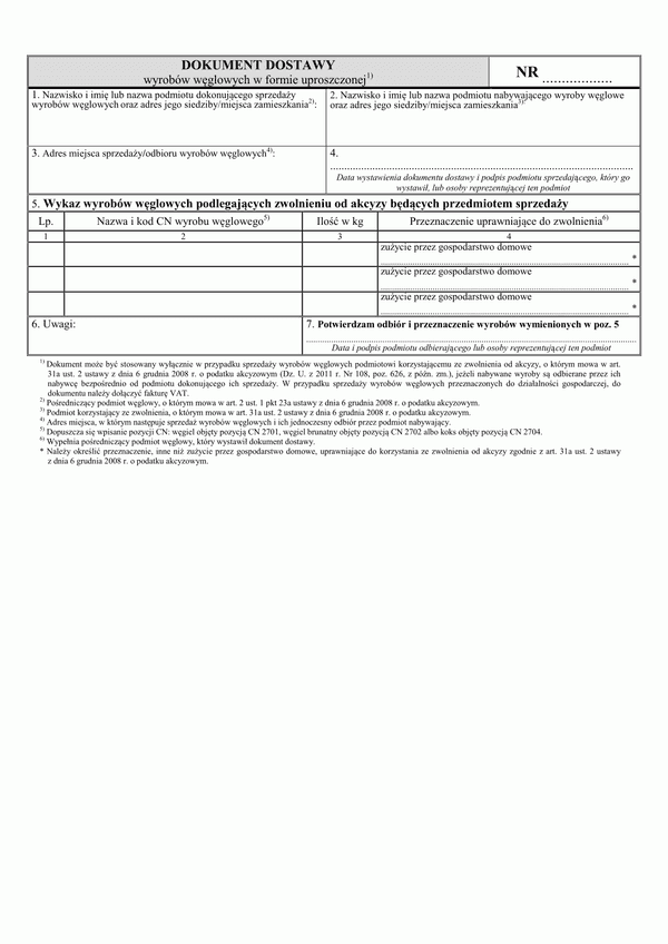 DDWW (archiwalny) Dokument dostawy wyrobów węglowych w formie uproszczonej