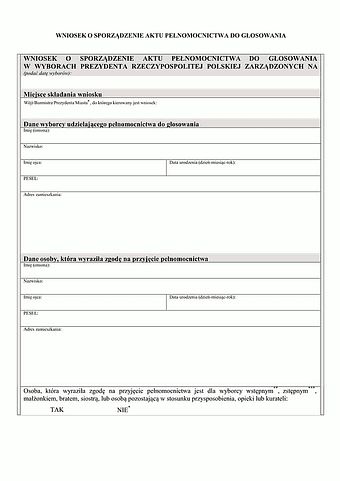 WoSAP-P Wniosek o sporządzenie aktu pełnomocnictwa do głosowania w wyborach Prezydenta Rzeczypospolitej Polskiej 