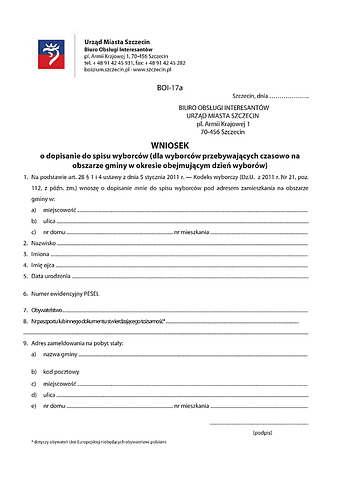 WDSW-Sz(c) Wniosek o dopisanie do spisu wyborców (dla wyborców przebywających czasowo na obszarze gminy w okresie obejmującym dzień wyborów) Szczecin