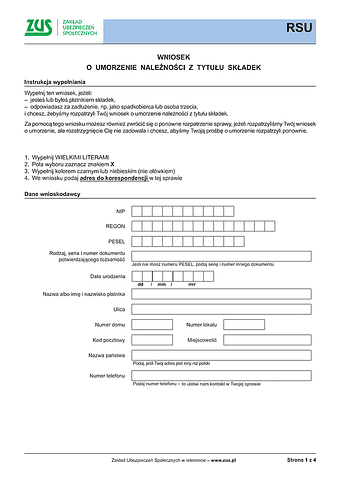 ZUS RSU Wniosek o umorzenie należności z tytułu składek