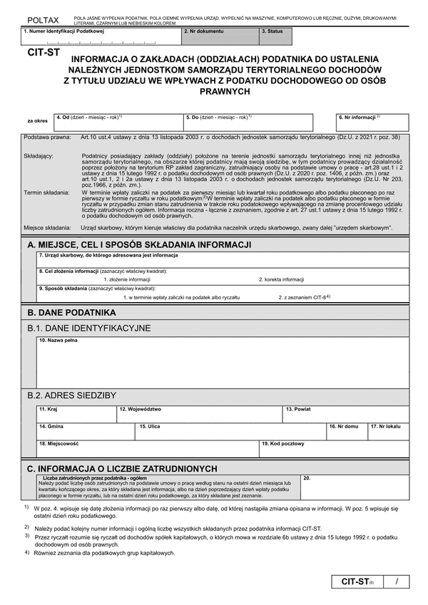 CIT-ST (8) Informacja podatnika do ustalenia należnych jednostkom samorządu terytorialnego dochodów z tytułu udziału we wpływach z podatku dochodowego od osób prawnych 