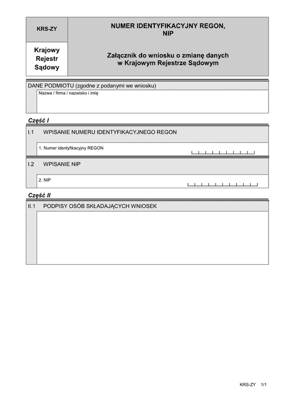 KRS-ZY Numer identyfikacyjny REGON, NIP - załącznik do wniosku o zmianę danych w Krajowym Rejestrze Sądowym
