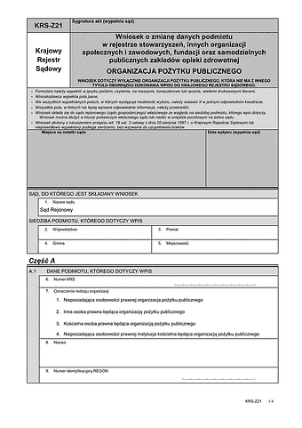 KRS-Z21 Wniosek o zmianę danych podmiotu w rejestrze stowarzyszeń, innych organizacji społecznych i zawodowych, fundacji oraz SPZOZ - organizacja pożytku publicznego