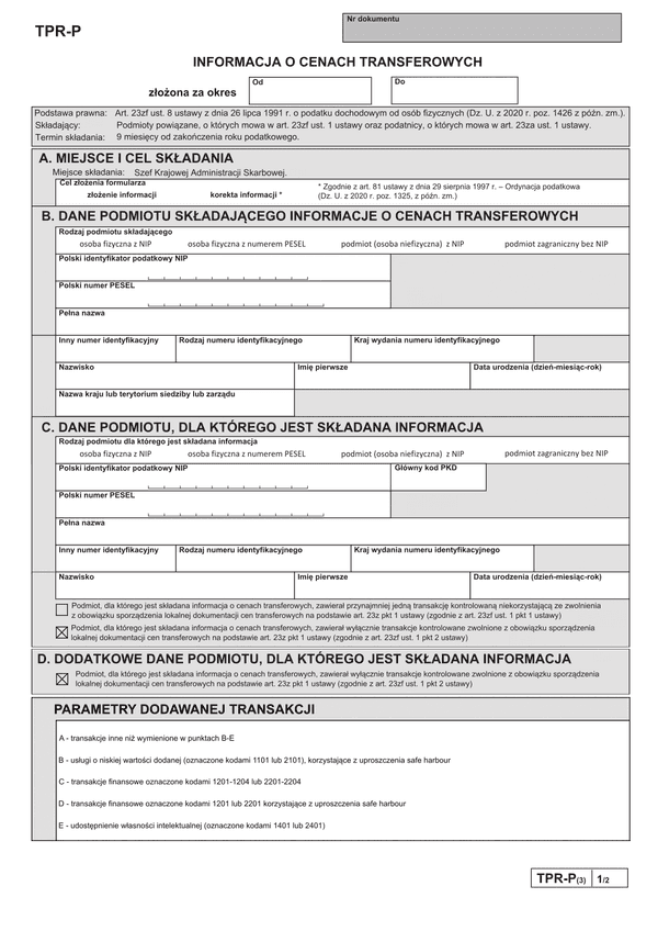 TPR-P Z (archiwalny) Informacja o cenach transferowych - podmiot zawierał WYŁĄCZNIE TRANSAKCJE KONTROLOWANĄ ZWOLNIONĄ z obowiązku sporządzenia lokalnej dokumentacji cen transferowych