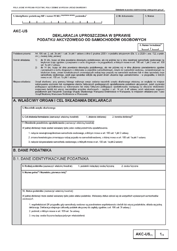 AKC-US (1) Deklaracja uproszczona w sprawie podatku akcyzowego od samochodów osobowych