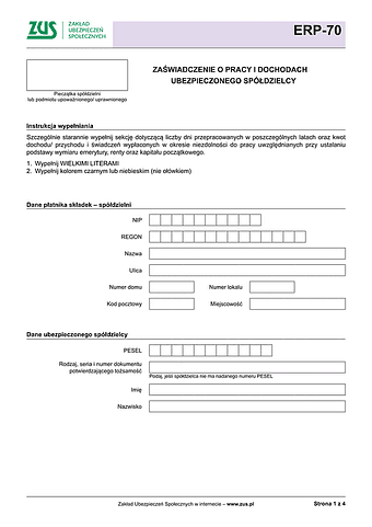 ZUS ERP-70 Zaświadczenie o pracy i dochodach ubezpieczonego spółdzielcy