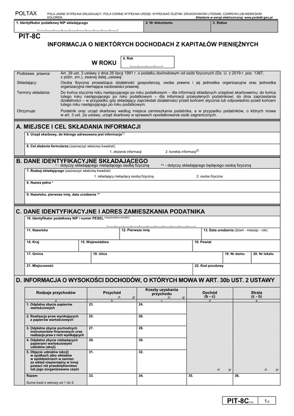 PIT-8C (10) (archiwalny) (2021) Informacja o niektórych dochodach z kapitałów pieniężnych (PIT-8C / PIT-8CZ)
