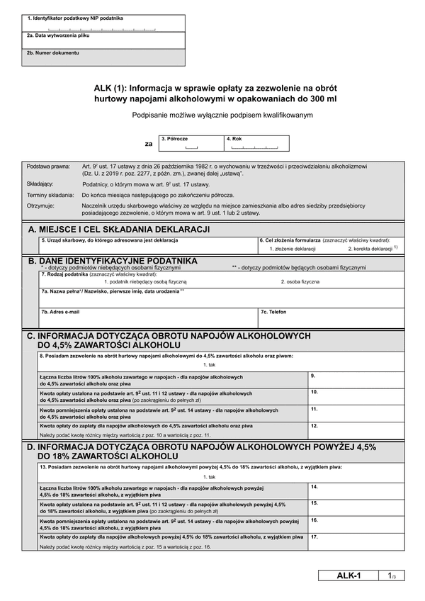 EW_ALK (1) (archiwalny) Informacja w sprawie opłaty za zezwolenie na obrót  hurtowy napojami alkoholowymi w opakowaniach do 300 ml