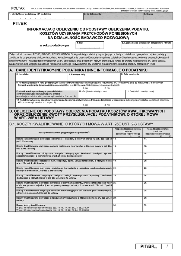 PIT/BR (5) (archiwalny) (2021) Informacja o odliczeniu od podstawy obliczenia podatku kosztów uzyskania przychodów poniesionych na działalność badawczo-rozwojową