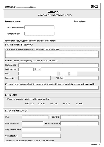 SK1 Wniosek o wydanie świadectwa kierowcy