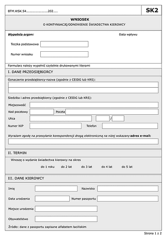 SK2 Wniosek o kontynuację/odnowienie świadectwa kierowcy