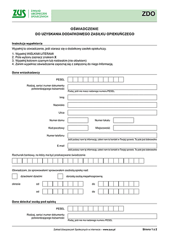 ZUS ZDO Oświadczenie do uzyskania dodatkowego zasiłku opiekuńczego