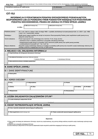 CIT-15J (2) (2022-2023) Informacja o podatnikach podatku dochodowego posiadających bezpośrednio lub za pośrednictwem podmiotów niebędących podatnikami podatku dochodowego, prawa do udziału w zysku spółki jawnej