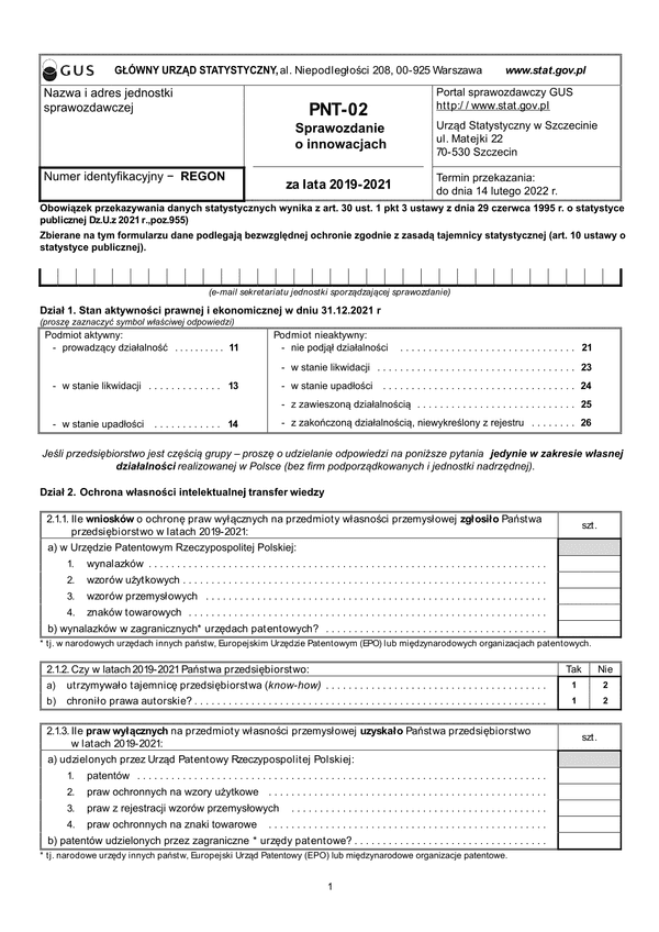 GUS PNT-02 (archiwalny) (2019-2021) Sprawozdanie o innowacjach w przemyśle za lata 2019–2021