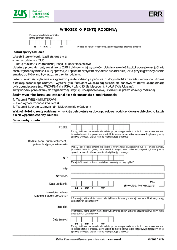 ZUS ERR (archiwalny) Wniosek o rentę rodzinną