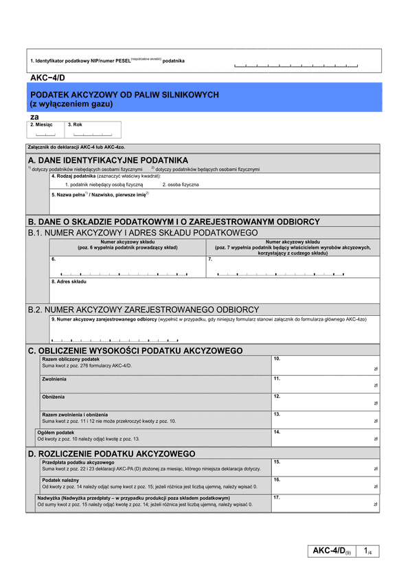 AKC-4/D (9) Podatek akcyzowy od paliw silnikowych (z wyłączeniem gazu) 