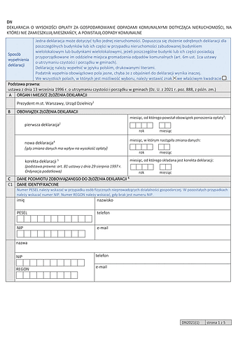 DN Deklaracja o wysokości opłaty za gospodarowanie odpadami komunalnymi dotycząca nieruchomości na której nie zamieszkują mieszkańcy, a powstają odpady komunalne (Warszawa)