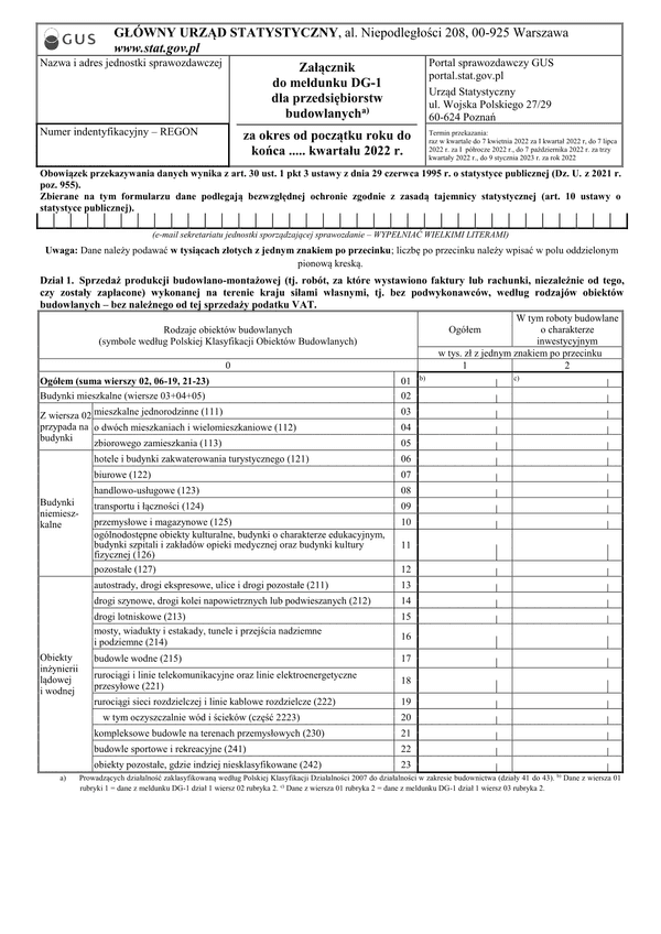 GUS DG-1 ZAŁ (2022) (archiwalny) Załącznik do meldunku DG-1 dla przedsiębiorstw budowlanych