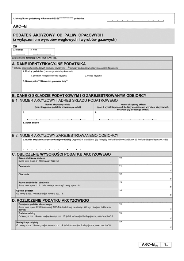 AKC-4/I (8) Podatek akcyzowy od paliw opałowych (z wyłączeniem wyrobów węglowych i wyrobów gazowych) 
