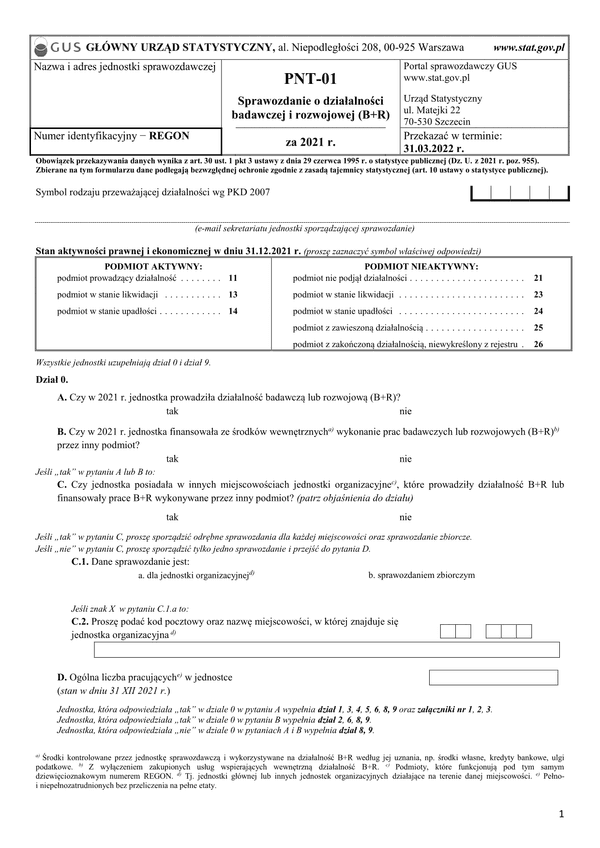 GUS PNT-01 (archiwalny) (2021) Sprawozdanie o działalności badawczej i rozwojowej za 2021 r.
