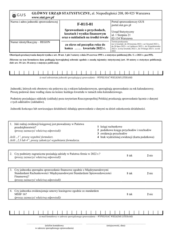 GUS F-01/I-01 (2022) (archiwalny) Sprawozdanie o przychodach, kosztach i wyniku finansowym oraz o nakładach na środki trwałe