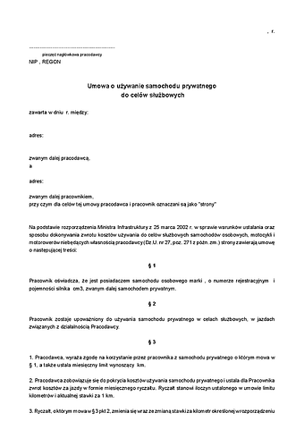 UoUSP Umowa o używanie samochodu prywatnego do celów służbowych