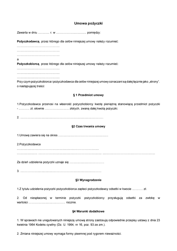 UP Umowa pożyczki