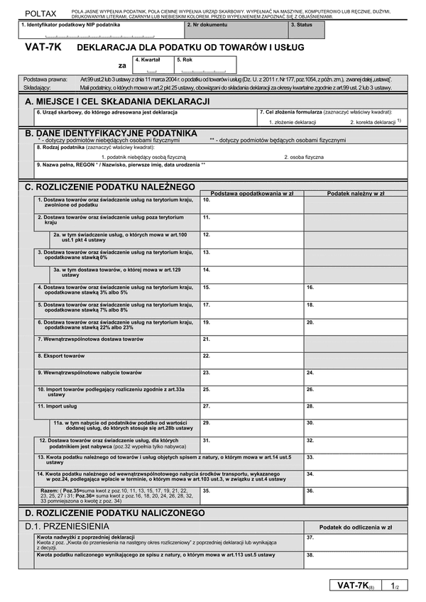 VAT-7K (8) (archiwalny) Deklaracja dla podatku od towarów i usług