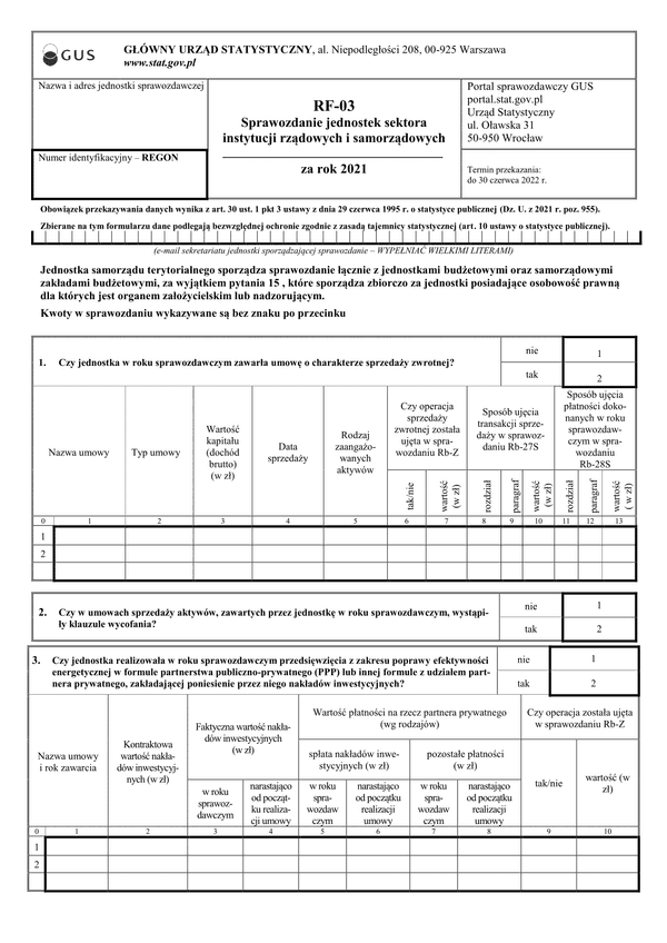 GUS RF-03 (2021) (archiwalny) Sprawozdanie jednostek sektora instytucji rządowych i samorządowych