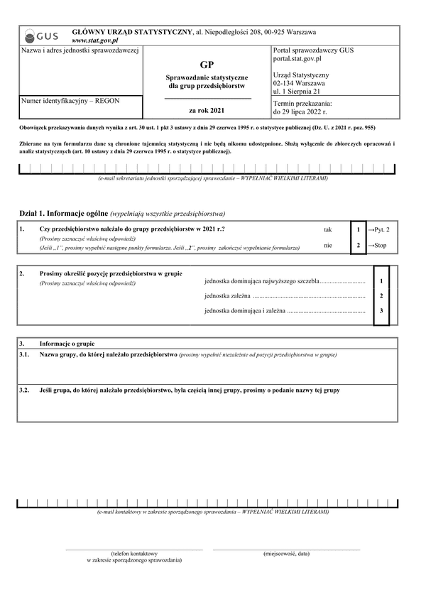 GUS GP (2021) (archiwalny) Sprawozdanie statystyczne dla grup przedsiębiorstw za rok 2021