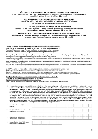 ODPCP Oświadczenie dotyczące powierzenia cudzoziemcowi pracy, o którym mowa w art. 9 ust. 1 pkt 3 ustawy z dnia 17 grudnia 2021r. o zmianie ustawy o cudzoziemcach oraz niektórych innych ustaw