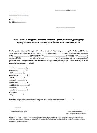OWPSPP ZUS Oświadczenie o rocznej wysokości przychodów składane przez płatnika / pracodawcę / zleceniodawcę / jednostkę organizacyjną wypłacającego wynagrodzenie osobom pobierającym świadczenie przedemerytalne