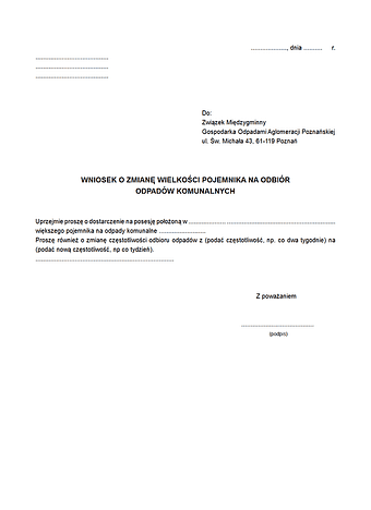 WZWP wniosek o zmianę wielkości pojemnika do odbioru odpadów komunalnych / o zmianę częstotliwości odbioru odpadów - Aglomeracja Poznań