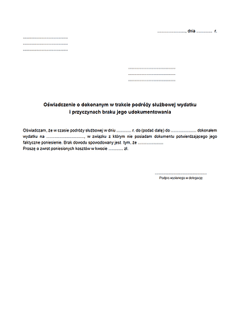 OoDTW (del) Oświadczenie o dokonanym w trakcie podróży służbowej wydatku i przyczynach braku jego udokumentowania 