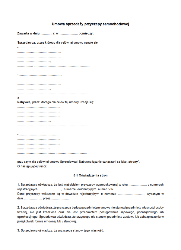 USP Umowa sprzedaży przyczepy samochodowej