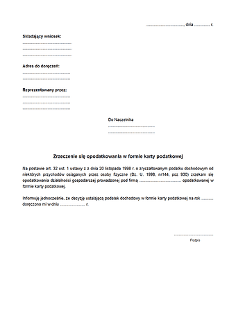 ZOFKP Zrzeczenie się opodatkowania w formie karty podatkowej