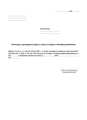 ISNLD Informacja o sporządzeniu spisu z natury w związku z likwidacją działalności