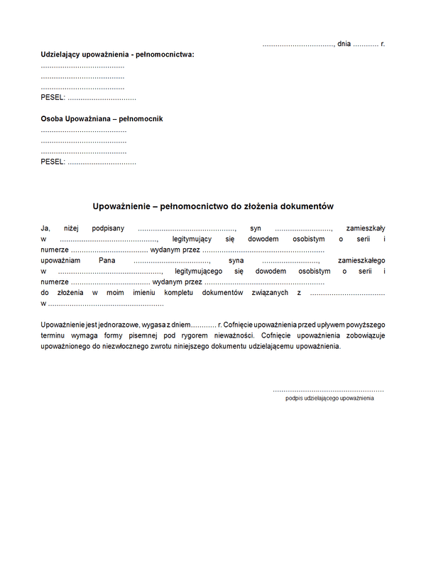 UPZD (archiwalny) Upoważnienie – pełnomocnictwo do złożenia dokumentów