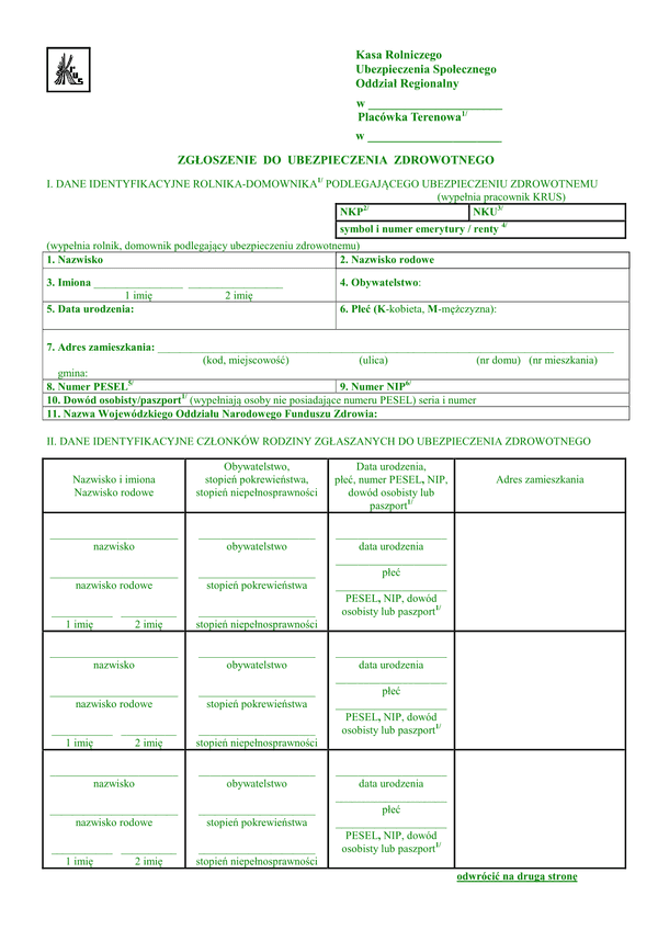 KRUS UD-2Z (archiwalny) Zgłoszenie do ubezpieczenia zdrowotnego