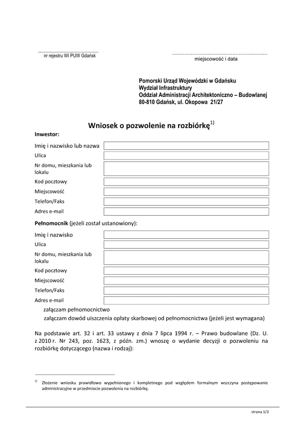 WoPnR-G (archiwalny) Wniosek o pozwolenie na rozbiórkę Gdańsk