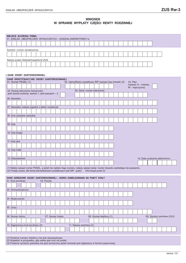 ZUS Rw-3 (archiwalny) Wniosek w sprawie wypłaty części renty rodzinnej