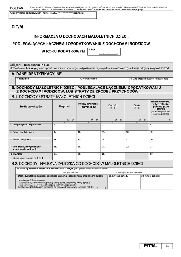 PIT/M (5) (2013) (archiwalny) Informacja o dochodach małoletnich dzieci, podlegających łącznemu opodatkowaniu z dochodami rodziców